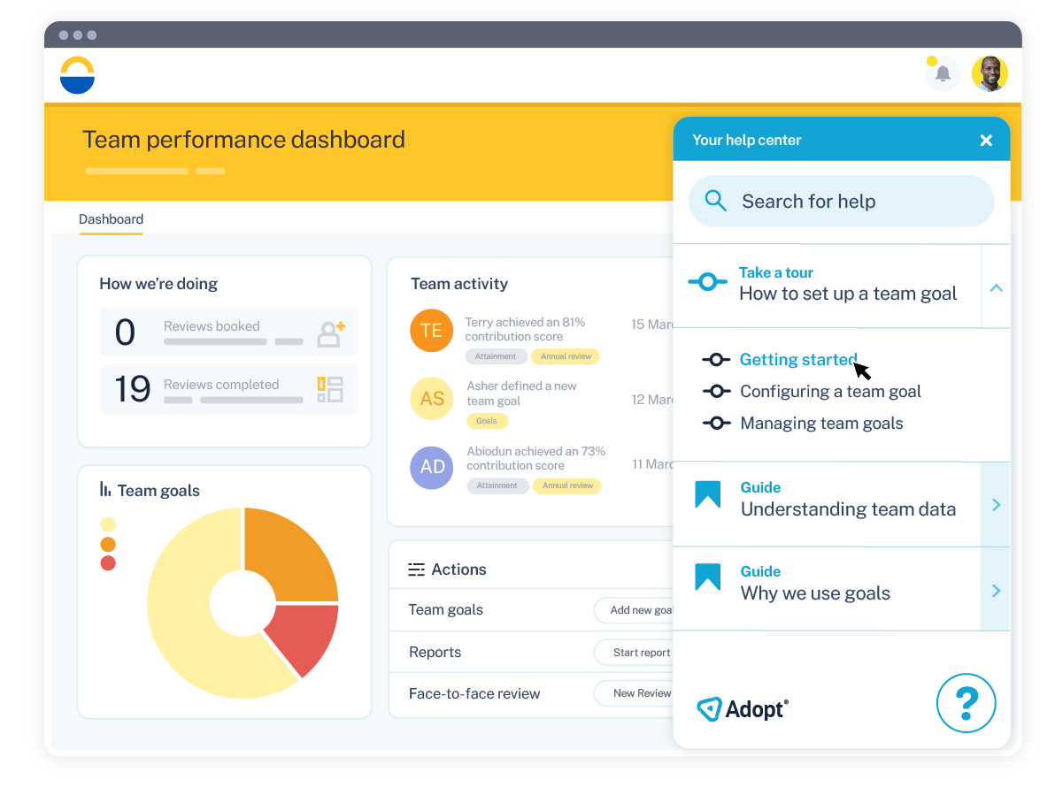 An interface showing how a user in Adopt can find relevant and contextual help and support from a pop up.