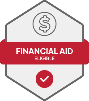 Badge: Financial Aid Eligible, blue banner, building icon, dollar sign.