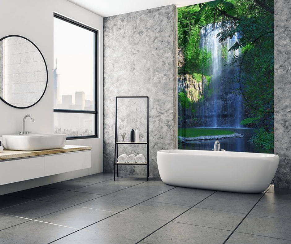 A Bathroom with A Bathtub , Sink , Mirror and A Picture of A Waterfall on The Wall — DecoGlaze in Singleton, NSW