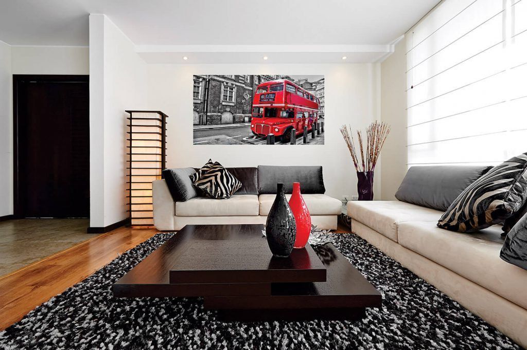 A Living Room with A Red Double Decker Bus on The Wall — DecoGlaze in Cardiff, NSW