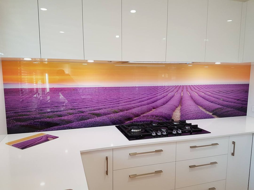 A Kitchen with A Purple Field of Lavender Flowers on The Backsplash — DecoGlaze in Central Coast, NSW