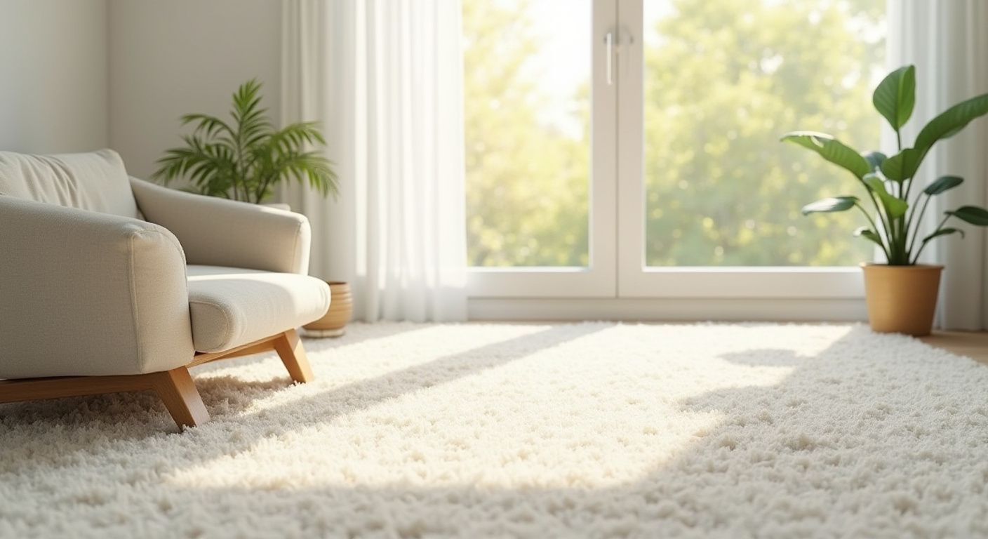 Cozy living room with cream-colored armchair, fluffy white rug, large window with natural light, and potted plants.