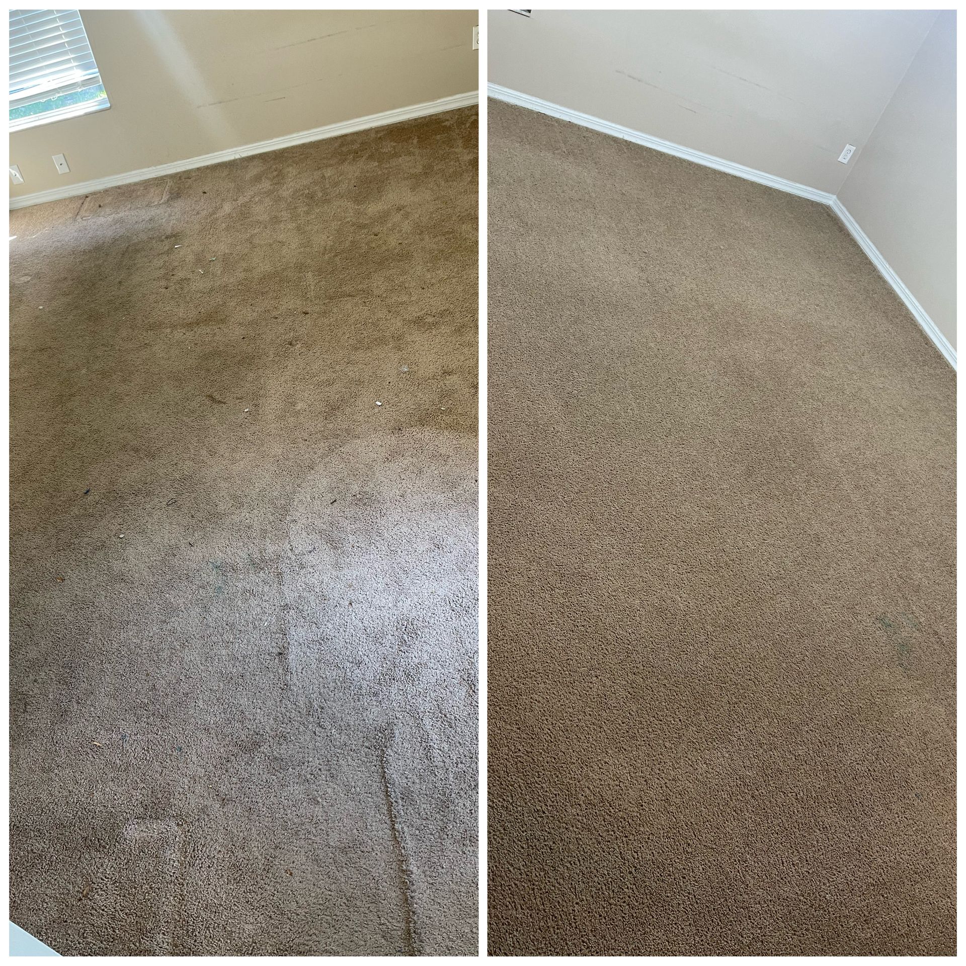 Before and after view of brown carpet. The left side is dirty, the right side is clean.