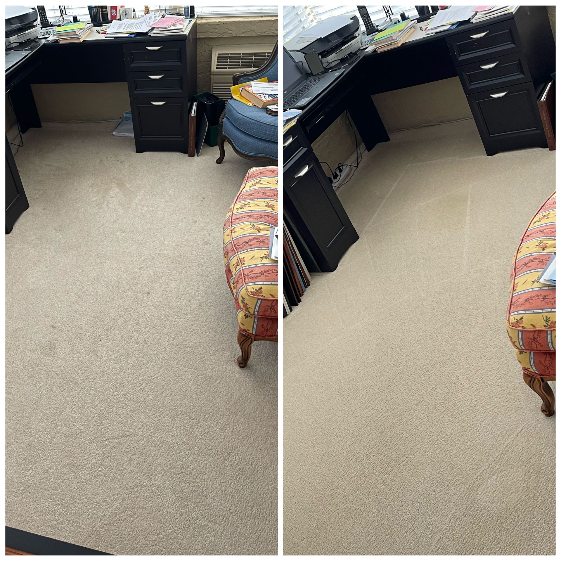 Two photos of a room with desks and a patterned chair; beige carpet.