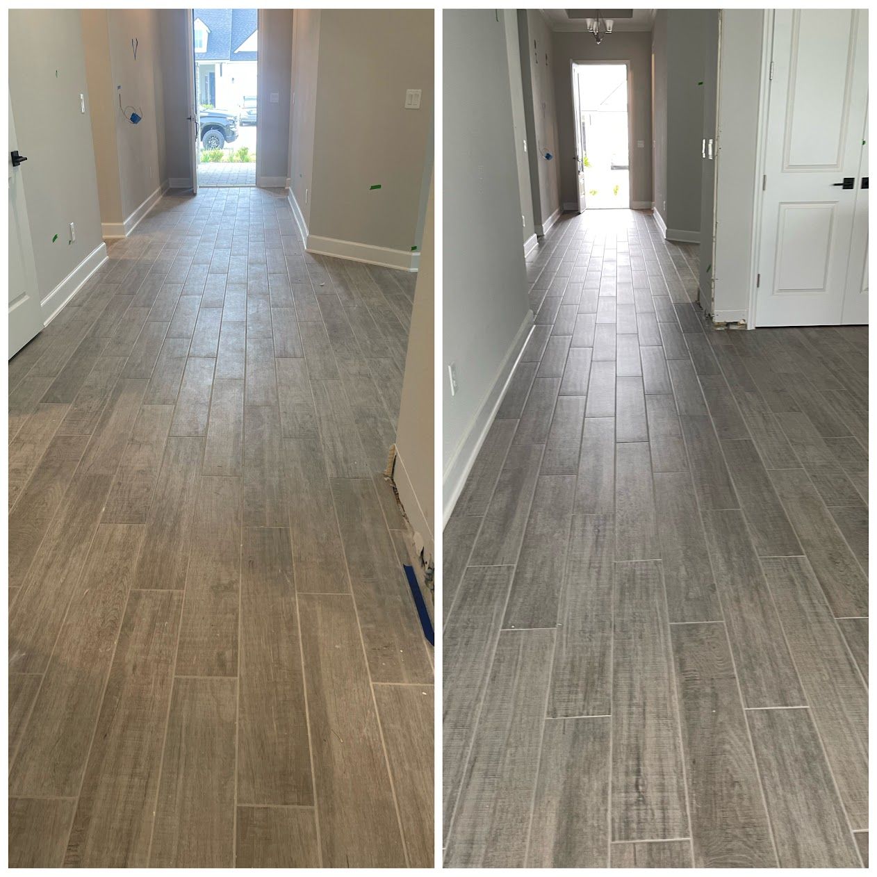 Two images side-by-side: a hallway with light-colored, wood-look tile flooring.
