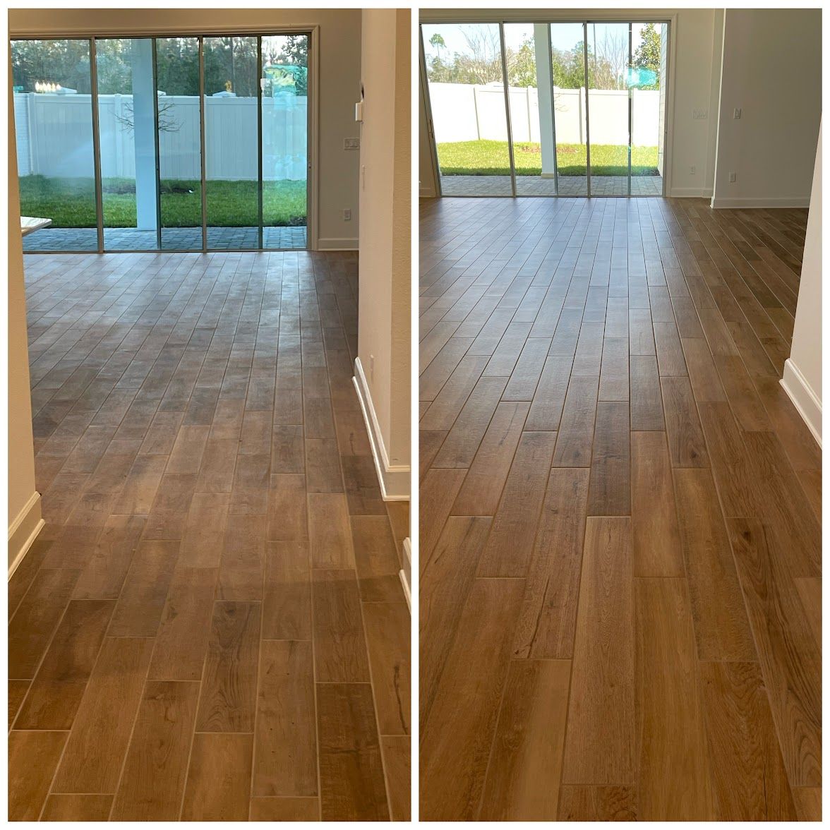 Two views of a room with wood-look tile flooring and glass doors leading to a yard.