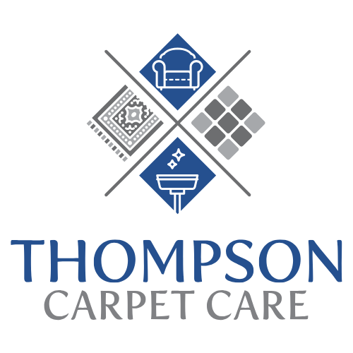 Logo for Thompson Carpet Care: Blue and gray geometric design with icons of furniture, rugs, and cleaning tools. Text below.