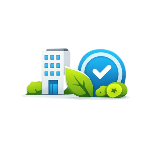 Office building with checkmark and greenery. Blue and green colors.