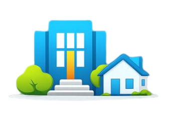 Blue building and house with steps, trees, and blue sky.