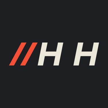 Stylized white “H H” logo with red slashes on a dark background