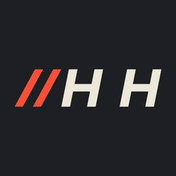 Stylized white “H H” logo with red slashes on a dark background