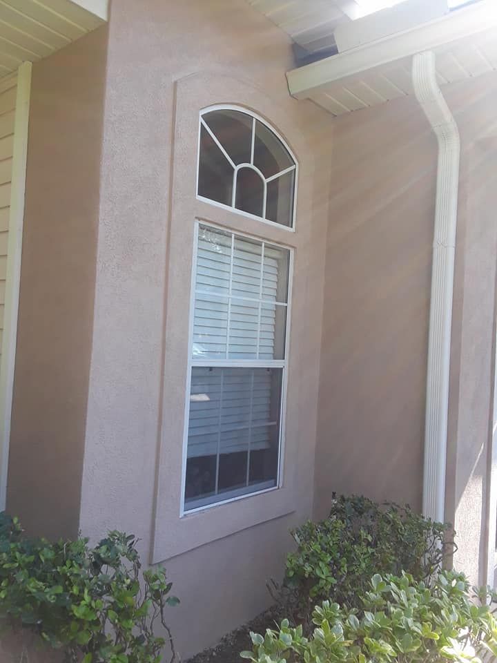 Window on a stucco house with arched top, white trim, and white blinds, with bushes below.