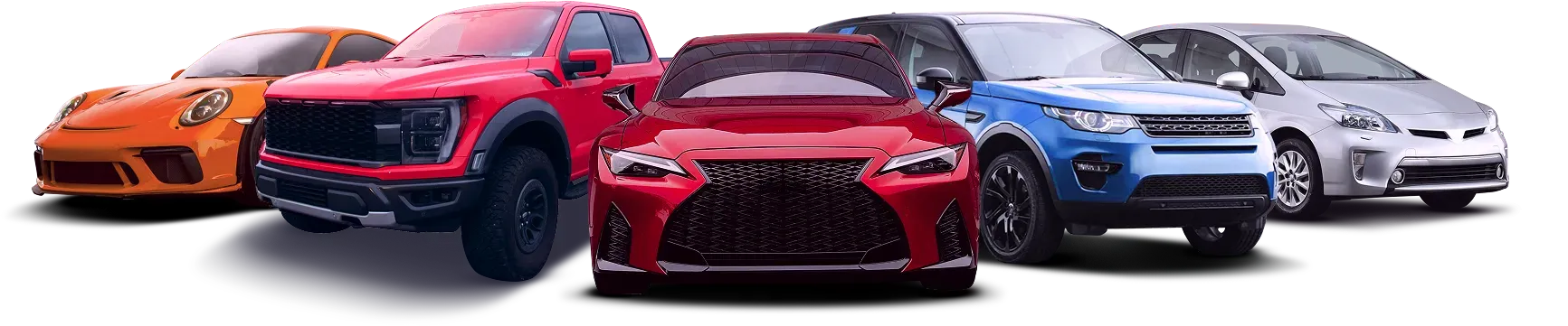 Orange European car, Red truck, Red sports car, Blue SUV, White SUV, parked in a row | Four Seasons Tire & Auto Service