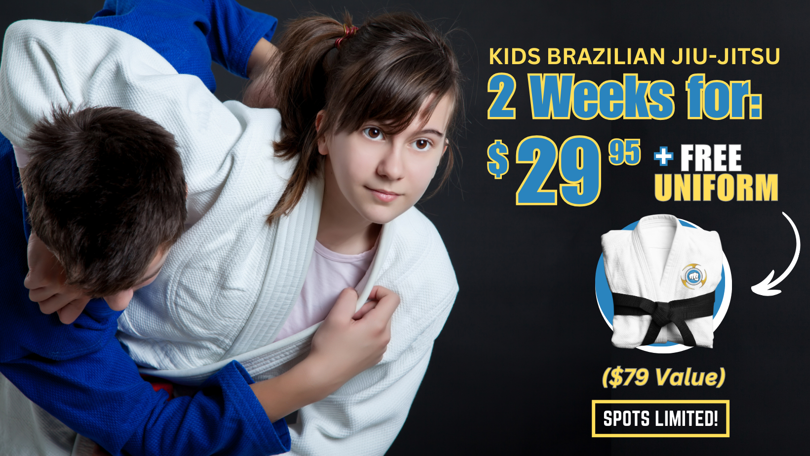 An advertisement for kids brazilian jiu-jitsu with a free uniform