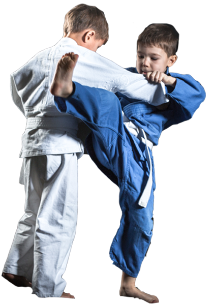 Two young boys are practicing judo on a white background.