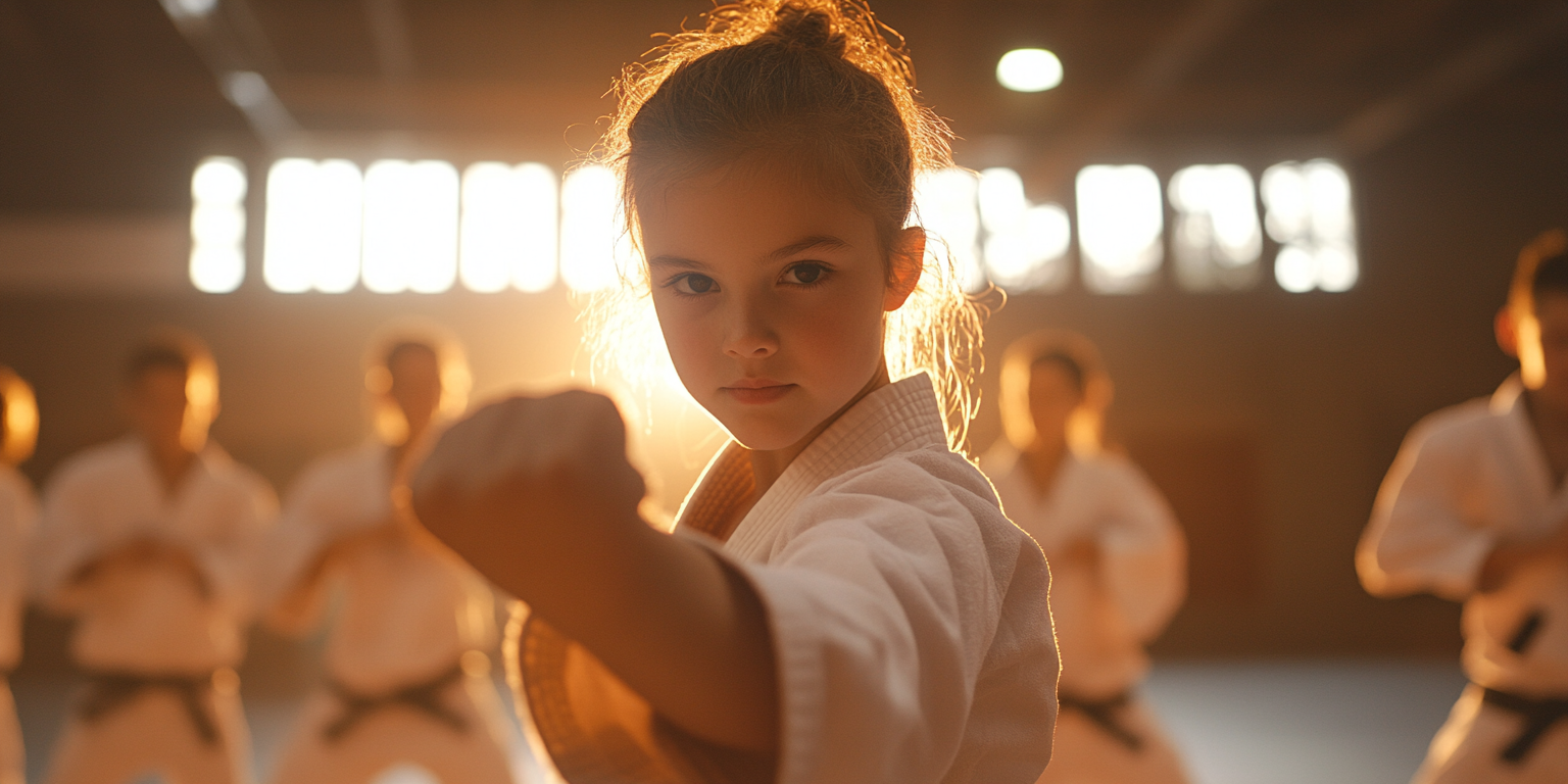 A young girl is practicing karate in a gym with a group of people.