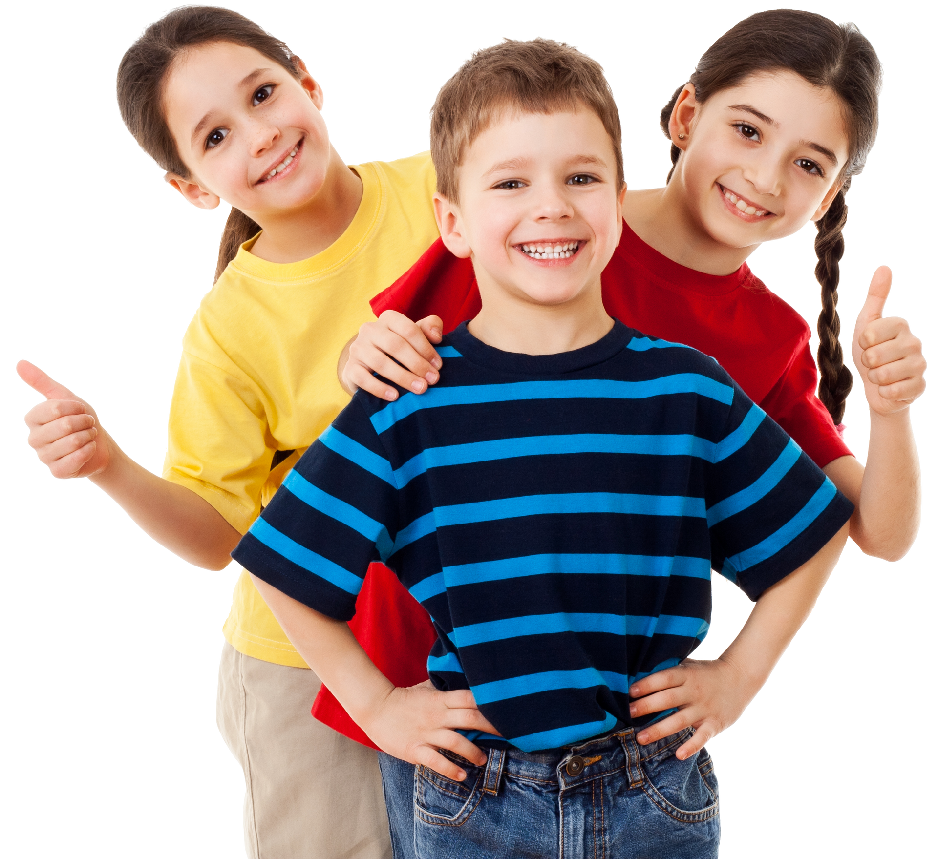 A boy and two girls are giving a thumbs up