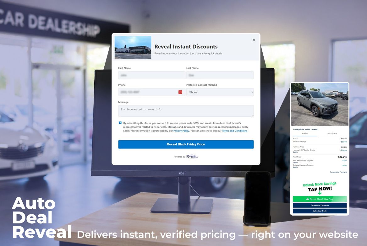 Auto Deal Reveal ad: a computer monitor shows a form to reveal a car discount, at a dealership.