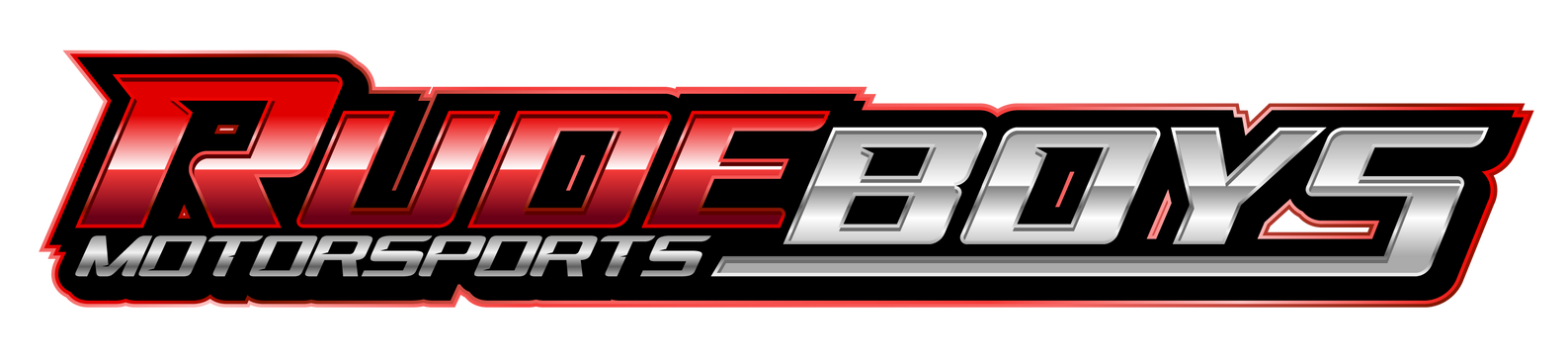 Logo for Rude Boys Motorsports featuring bold red and silver text with a muffler and heat gun graphic.