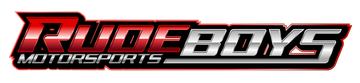 Logo for Rude Boys Motorsports featuring bold red and silver text with a muffler and heat gun graphic.