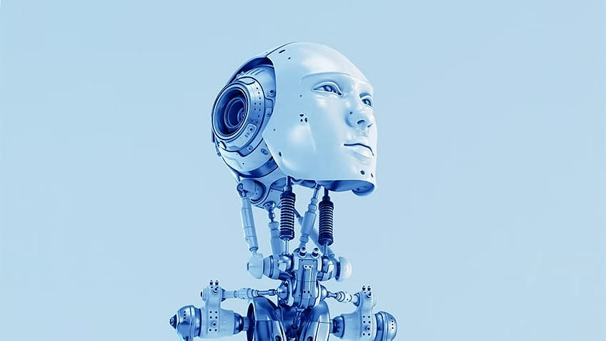 A close up of a robot 's head on a blue background.