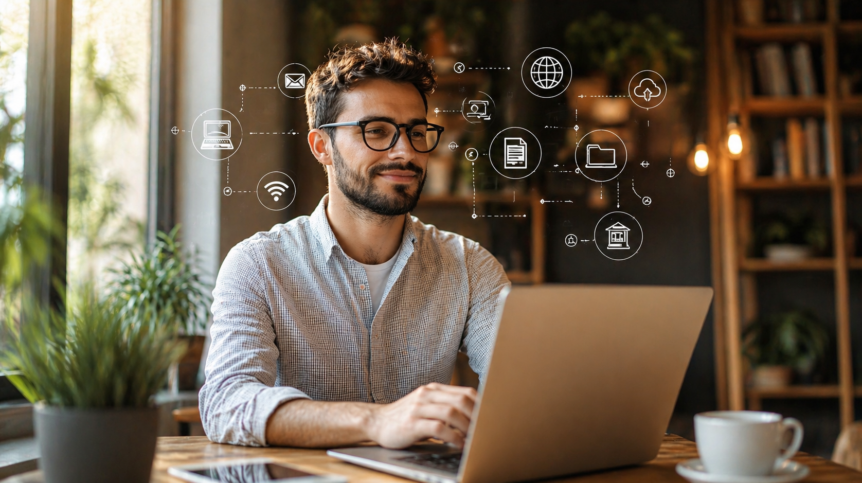 Person working on a laptop at a cozy café table with floating digital interface icons.
