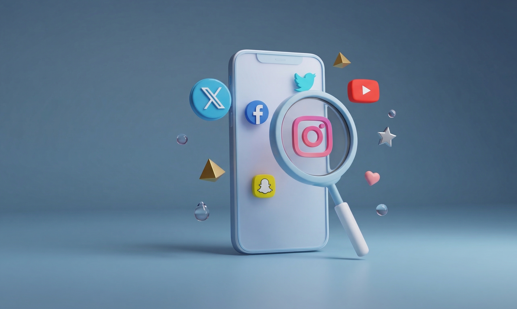 A 3D illustration of a smartphone surrounded by social media icons, viewed through a magnifying glass on a blue background.