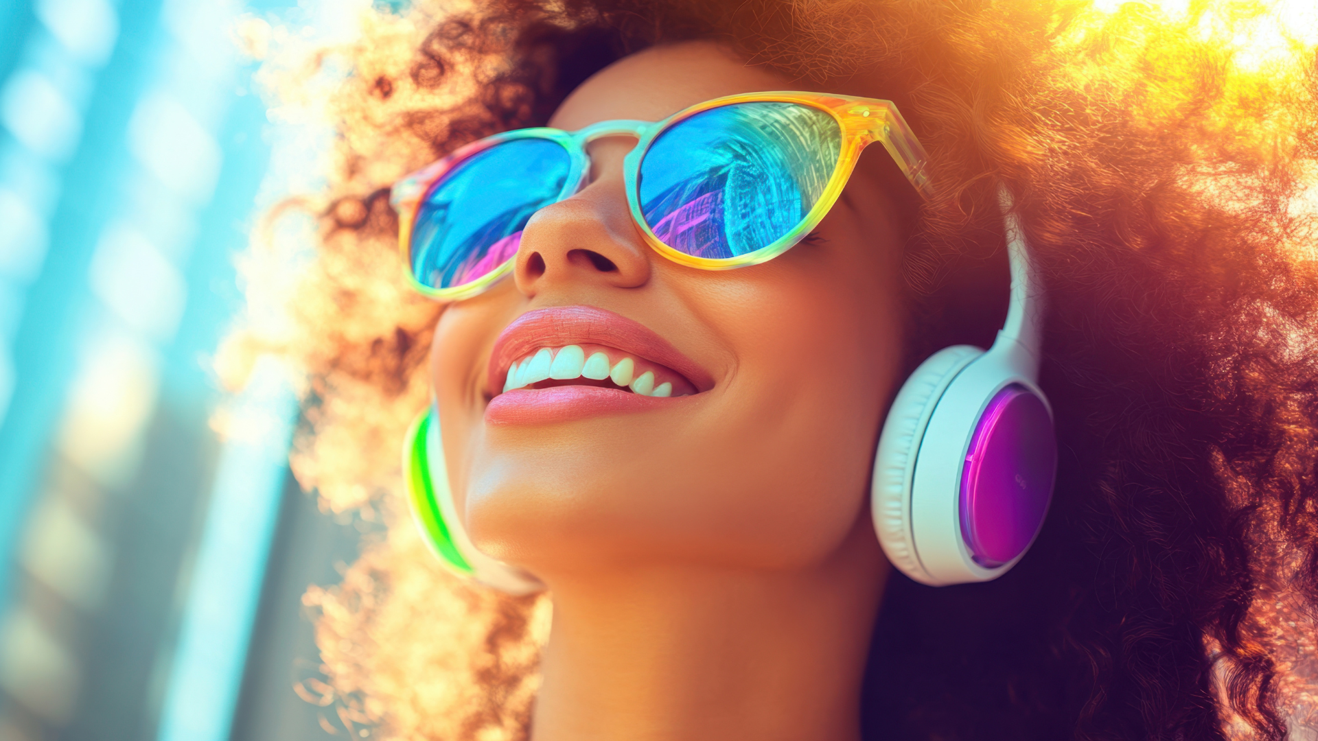 Smiling woman wearing colorful sunglasses and headphones, enjoying the sun.