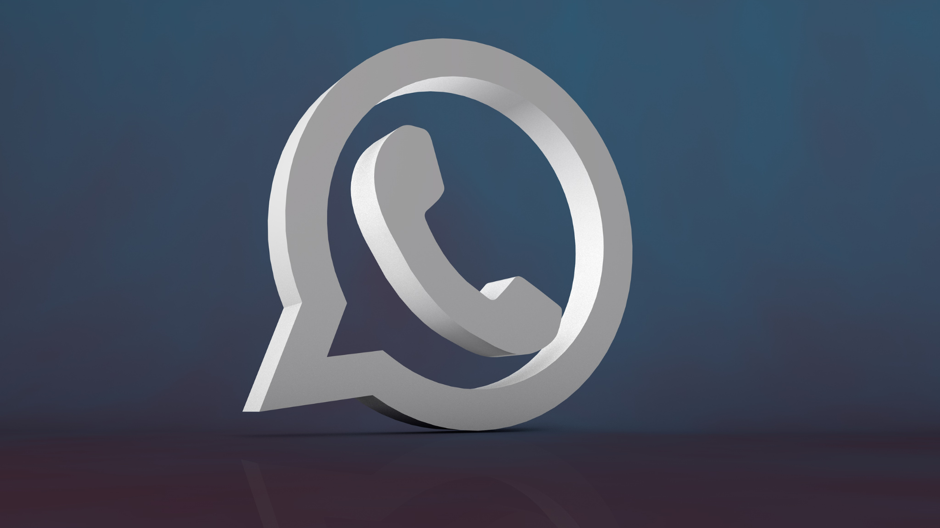 Silver 3D WhatsApp logo on a gradient blue and purple background.