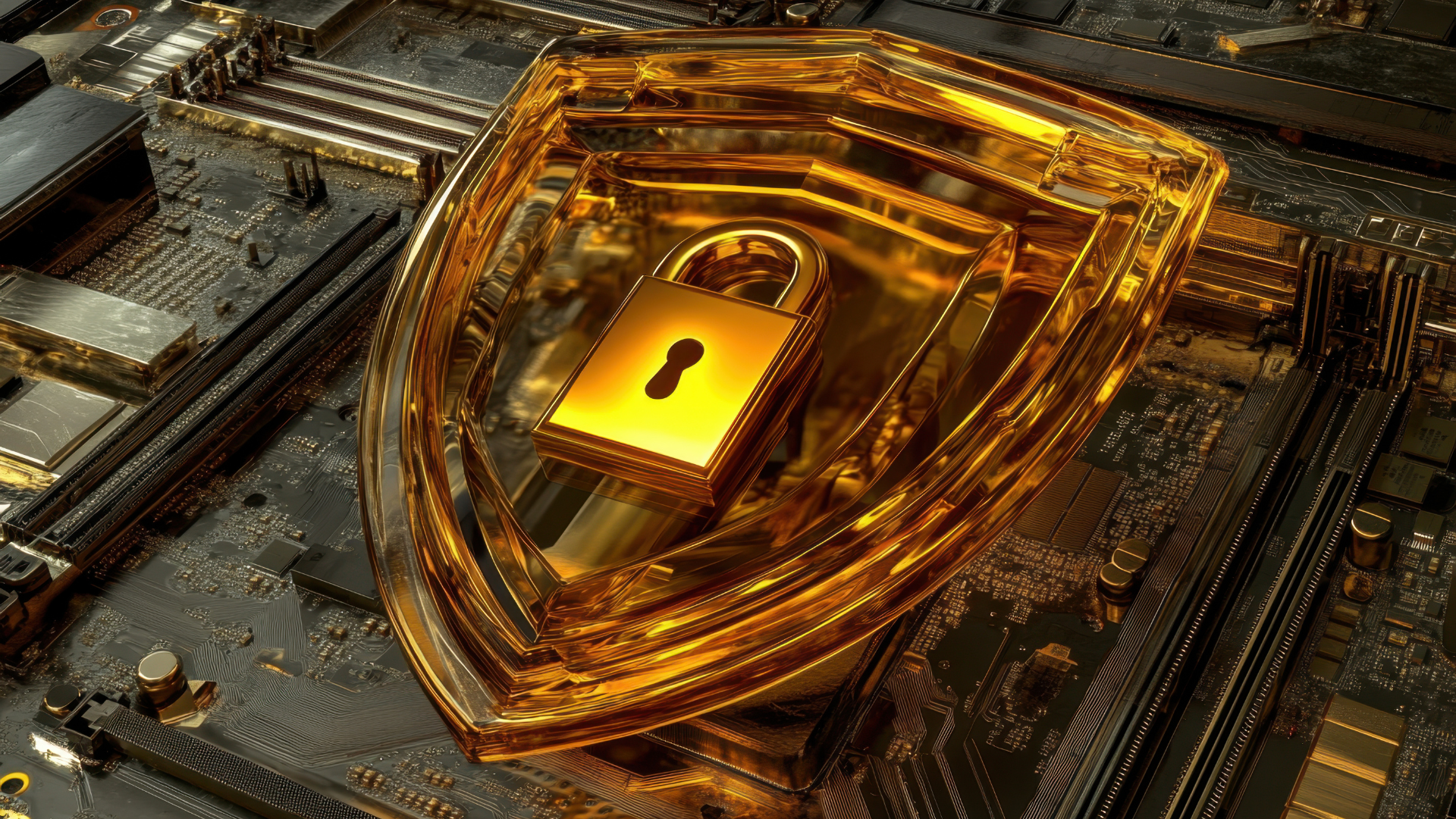 Gold shield and padlock on a motherboard, symbolizing digital security.