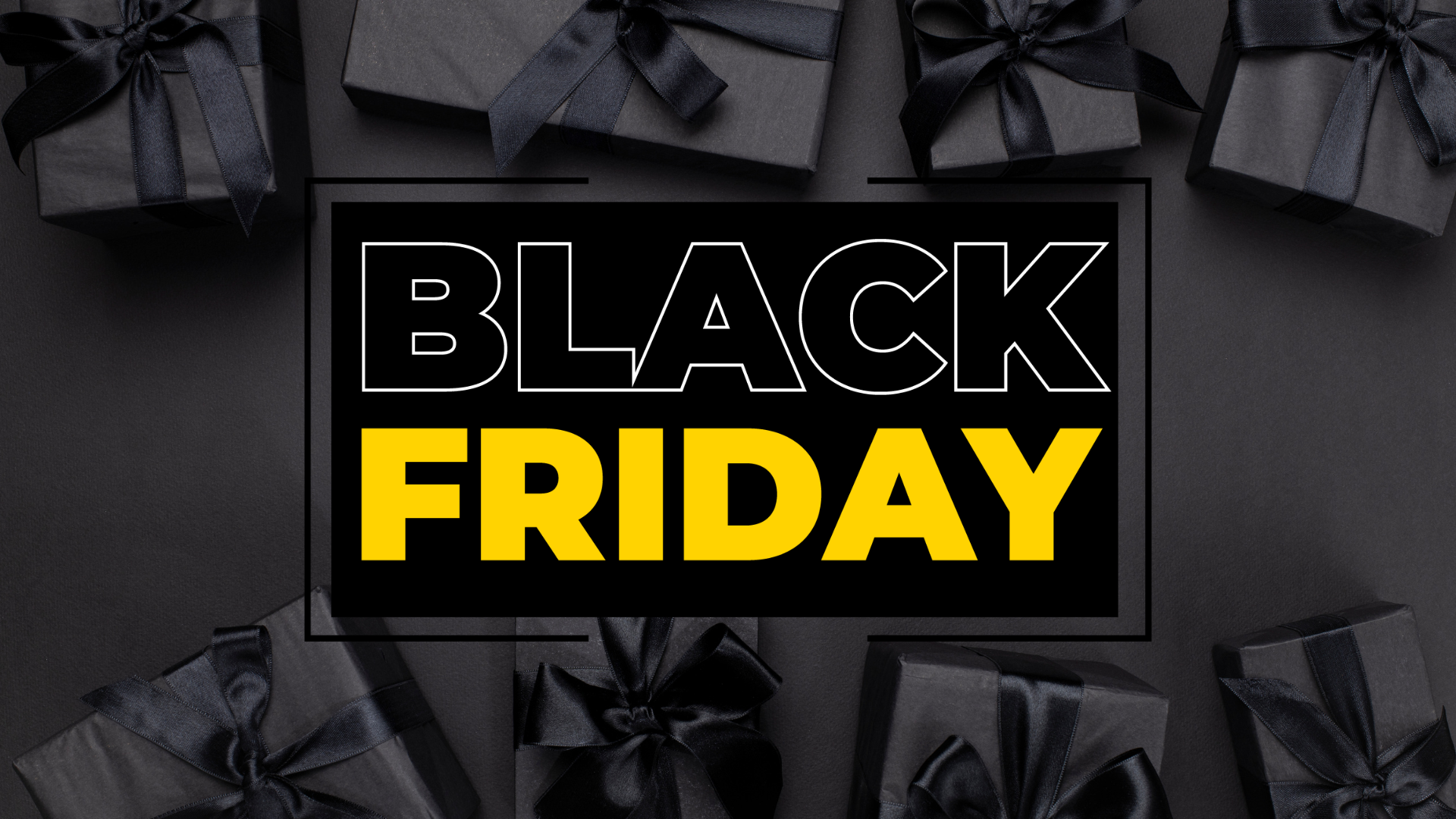 Black Friday sale graphic with wrapped gifts and text.
