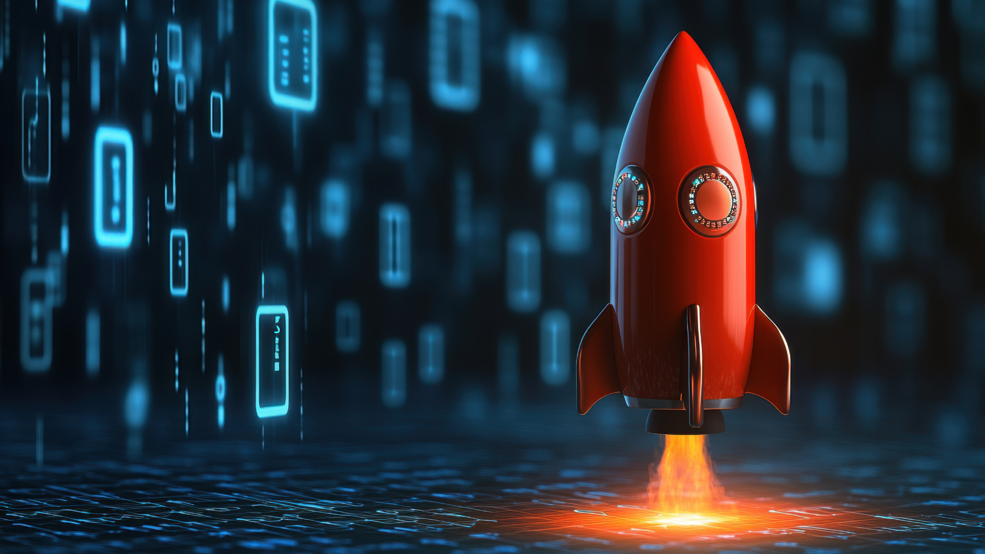 Red rocket launching with binary code background.