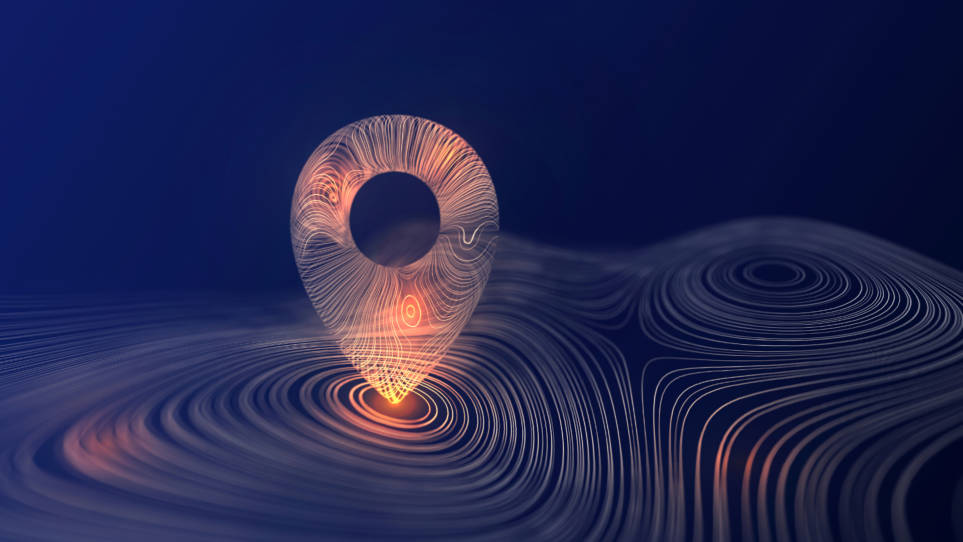 Glowing location pin on abstract wave pattern against dark blue background.