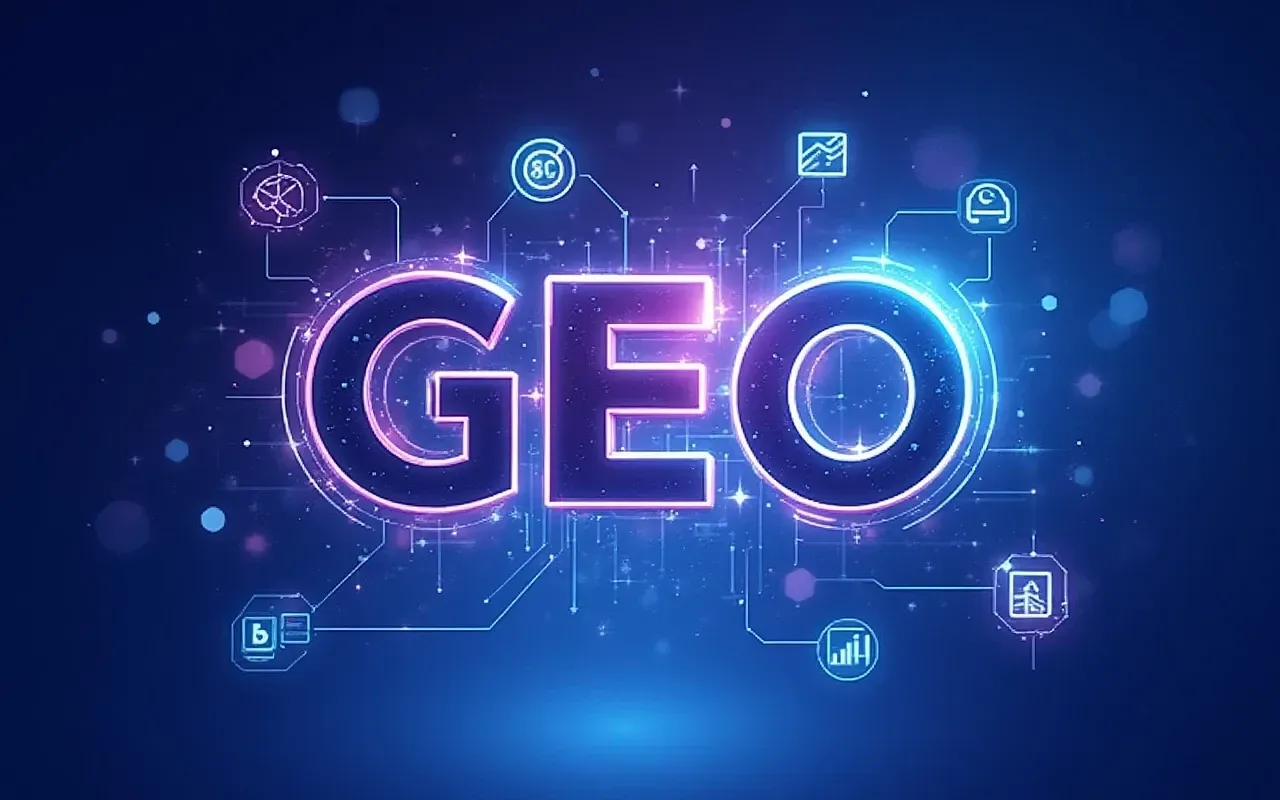 Glowing neon “GEO” text on a blue digital background with floating tech icons