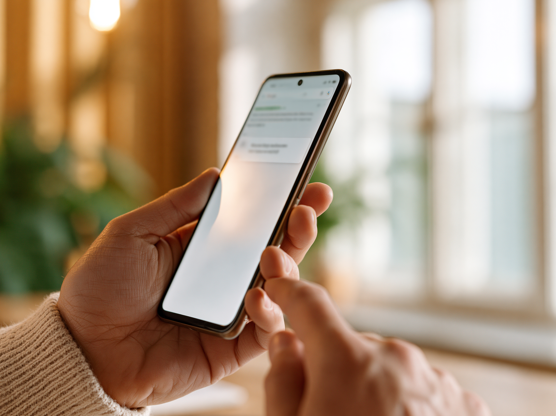 Hands holding a smartphone with a bright screen in a softly lit room