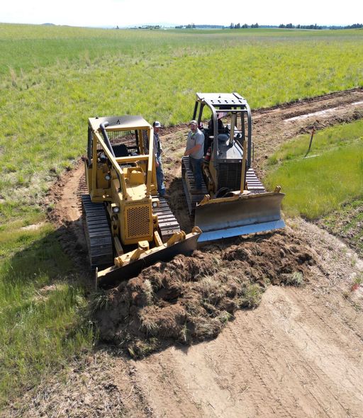 Dirt road through a deforested area, surrounded by trees on a sunny day.