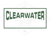 Green rectangular logo with "CLEARWATER" and a phone number, outlined in green on a white diamond background.