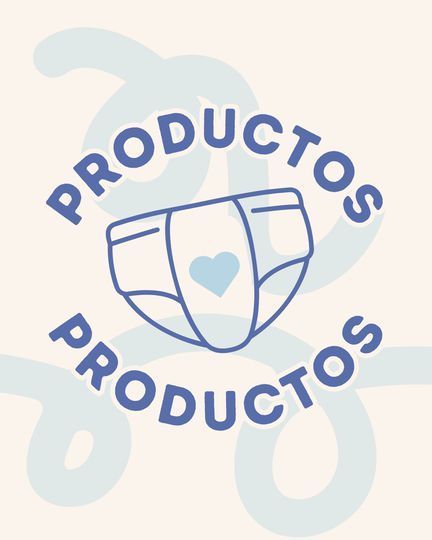 Un pañal con un corazón está rodeado por las palabras productos productos