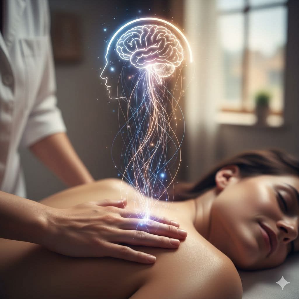Mujer recibiendo masaje, con un gráfico de cerebro iluminado sobre ella; la mano del terapeuta en su espalda.
