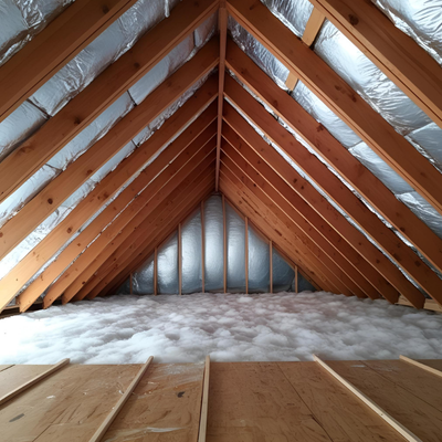 Attic with exposed wooden rafters, silver insulation, and white insulation on the floor.