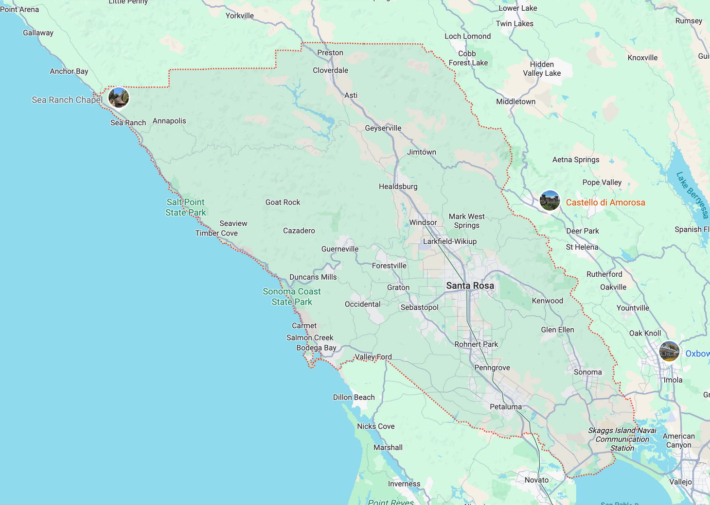 Map of California with markers on the coast, Sacramento, and east of Yosemite National Park.