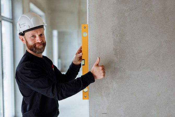 Construction worker using a level to measure a concrete wall in a building interior
