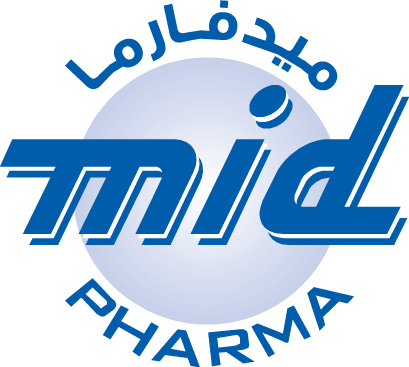 A blue and white logo for mid pharma