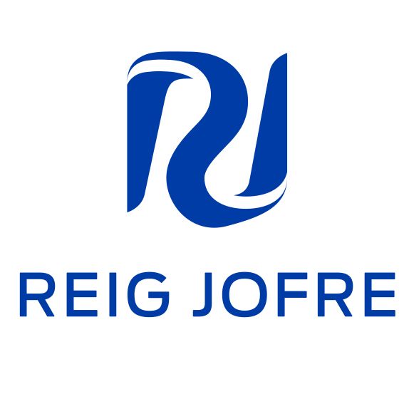 A blue and white logo for reig jofre