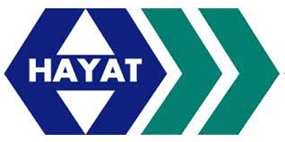 A blue and green logo with the word hayat on it.