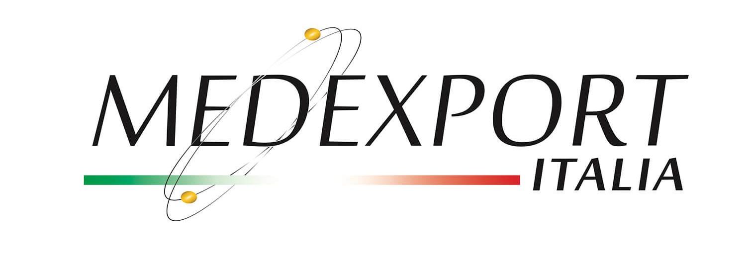 A logo for medexport italia with a green , white and red stripe.