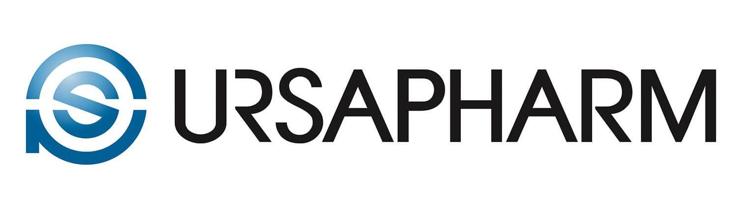 The logo for ursapharm is blue and black on a white background.