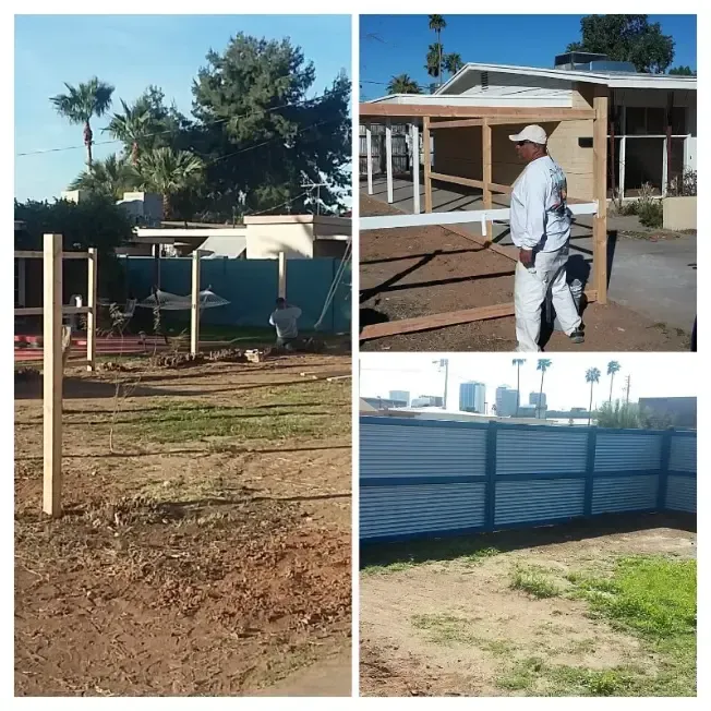 Outdoor yard and building views, with a worker in gray walking near a fence and corrugated metal panels.