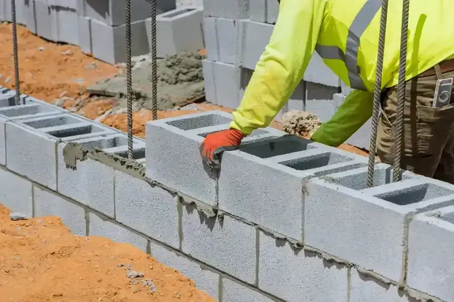 Worker in a neon jacket laying concrete blocks at a construction site