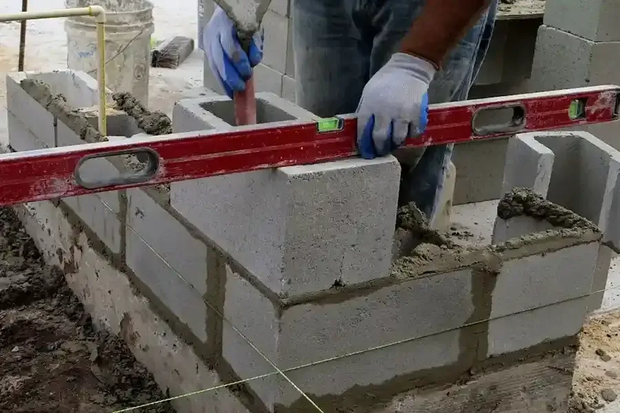 Worker laying cinder blocks with a red level in a construction site